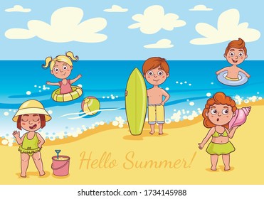 Simple flat illustration of kids on the beach. Cheerful boys and girls are swimming in the sea. 
