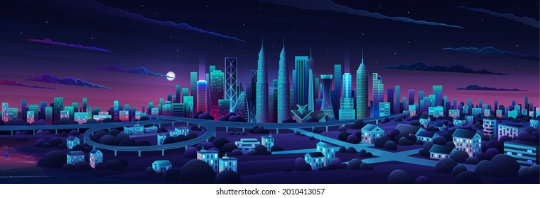 Simple ilustración plana de la ciudad de Kuala Lumpur en Malasia y monumentos en el horizonte. Panorama de la ciudad del centro de Kuala Lumpur. Entre los famosos edificios y monumentos se incluyen Malasia. Tiempo nocturno del centro de la ciudad