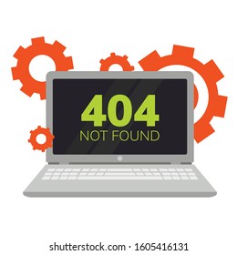  Simple flat illustration of a laptop. Failure, broken computer. Error 404 on the screen