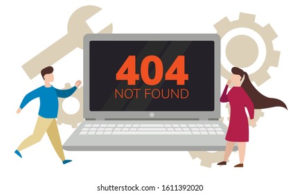  Simple flat illustration of a laptop. Failure, broken computer. Error 404 on the screen