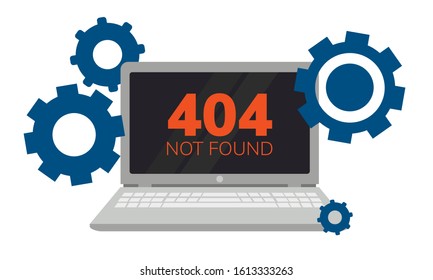  Simple flat illustration of a laptop. Failure, broken computer. Error 404 on the screen
