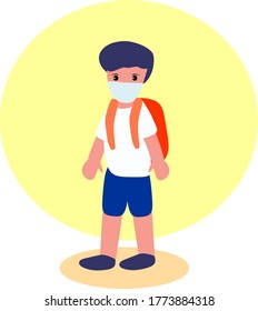 Ilustración plana simple de un niño que va a la escuela con una máscara facial y una bolsa. Prevención del concepto de Coronavirus Covid-19. Niño Pequeño Con Máscara De Cara. De vuelta a la escuela Nueva vida normal.