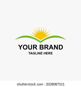 Simple flat illustration Logo Template Green Landscape Sunrise in the mountains