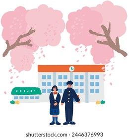 Simple and flat illustration of male and female students in uniform standing under a cherry tree