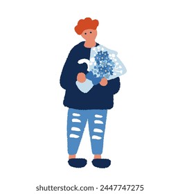 Simple and flat illustration of a man with a bouquet of flowers