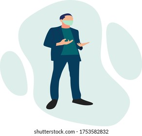 Simple Flat Illustration of A Man Businessman Talking With A Face Mask During New Normal Life Preventing The Spread of Covid-19 Coronavirus. Businessman Vector Illustration. Business Illustration. 