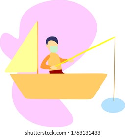 Simple Flat Illustration of A Man or Fisherman Fishing in River Wearing Face Mask to Prevent the Spread Of Coronavirus Covid-19 Pandemic Outbreak. Boat Vector Illustration. Fishing Vector Illustration