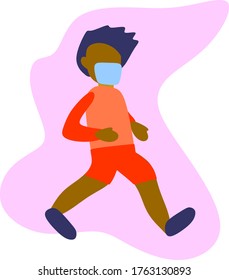 Ilustración plana simple de un hombre corriendo y usando una máscara de cara al aire libre evitando la infección del brote de coronavirus Covid-19 durante la cuarentena. Ilustración del vector de máscara de la cara del conductor. 