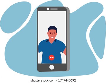 Simple Flat Illustration of A Man Smiling While Video Calling on A Smartphone. Video Calling Vector Illustration. 