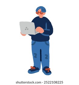 A simple, flat illustration of a man using a computer