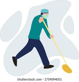 Simple Flat Illustration of A Man Wearing Mask Mopping Up Cleaning The Floor To Prevent The Spread of Coronavirus Covid-19 During The Outbreak. Office Boy Wearing Face Mask. Cleaning Service Vector.