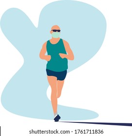 Ilustración plana simple de un hombre con el pelo calvo corriendo usando lentes de sol y máscara facial para prevenir brotes de coronavirus Covid-19. Salto Al Aire Libre Durante El Brote. Corredora con máscara.
