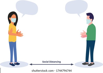 Simple Flat Illustration of A Man and Woman Talking Each Other and Wearing Face Mask in Social Distancing During Coronavirus Covid-19 Outbreak. New Normal Vector Illustration. Chatting  Illustration.