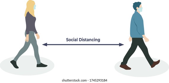 Simple Flat Illustration Of A Man And Woman Walking In Distance About 6 Feet Or 2 Metres. Social Distancing Vector Illustration. Physical Distancing Vector Illustration.