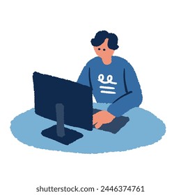 Simple and flat illustration of a man working on a computer