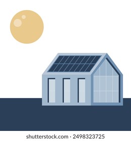 Simple flat illustration of modern efficient house with solar modules on the roof. Eco home using renewable energy.