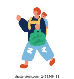 Simple and flat illustration of a mother carrying a baby on her back