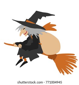 Simple flat illustration of an old witch flying on a broom smiling with a bag on her back. Befana celebration.