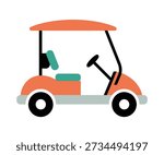 A simple, flat illustration of an orange golf cart with a teal seat and black wheels, set against a white background.