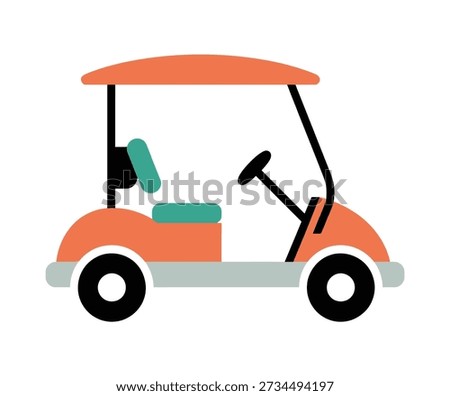 A simple, flat illustration of an orange golf cart with a teal seat and black wheels, set against a white background.