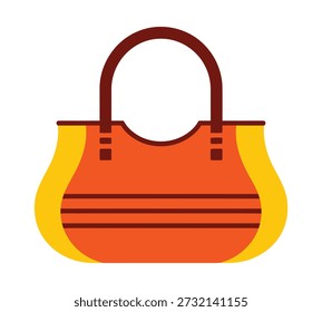 Una ilustración simple y plana de un bolso naranja con ribete amarillo y rayas Horizontales. El bolso tiene dos asas de color marrón oscuro y una abertura curva.