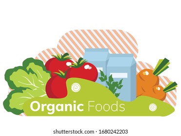 Simple flat illustration of organic food. Landing page, layout, banner with vegetables. 