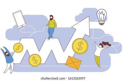 Simple, flat illustration with outline concept successful team work. Banner with tiny people, abstract vector elements 