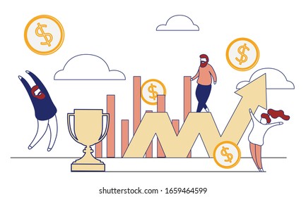 Ilustración simple y plana con el concepto de esquema de trabajo de equipo exitoso. Cartel con gente diminuta, elementos vectoriales abstractos 