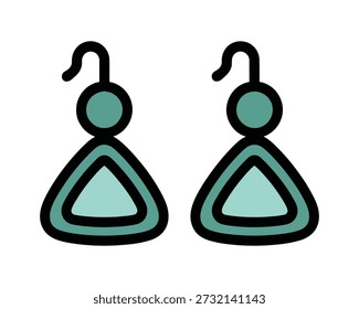A simple, flat illustration of a pair of teal earrings, each featuring a circular top and a triangular pendant with a lighter teal inner shape.