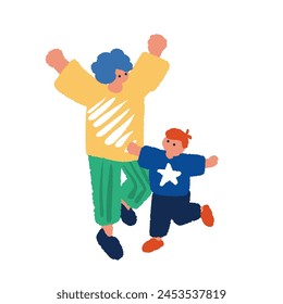 A simple and flat illustration of a parent and child raising their hands in joy