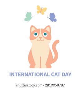 A simple flat illustration of a peach cat sitting and looking up at three pastel butterflies fluttering above. Ideal for clean web graphics or modern poster designs.