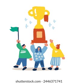 Simple flat illustration of people holding up trophies