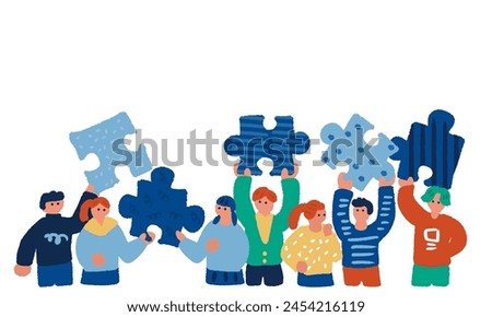 Simple and flat illustration of people with puzzles
