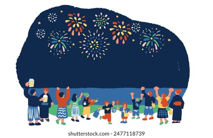 Simple and flat illustration of people watching a fireworks display