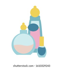  Simple, flat illustration of perfume bottle, cosmetics. Icon 