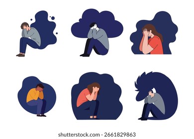 Eine einfache flache Abbildung einer Person mit dem Kopf in den Händen, die Stress oder Überforderung symbolisiert