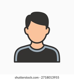 Uma ilustração simples e plana do busto de uma pessoa, apresentando uma camisa escura com acabamento cinza e um tom de pele claro. A imagem é uma representação básica de avatar.