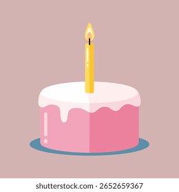 A simple, flat illustration of a pink birthday cake with white frosting and a single lit yellow candle on a muted pink background.