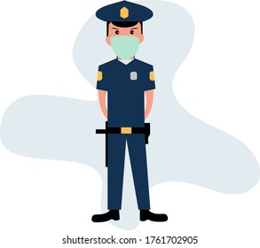 Simple Flat Illustration of A Policeman Maintaining Public Order and Security and  Wearing Face Mask  to Prevent The Spread of Coronavirus Covid-19 Outbreak. Police  
 Cop Flat Illustration. 
