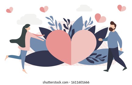  A simple, flat illustration of a postcard for Valentine's Day. Tiny people, the concept of love