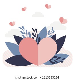  A simple, flat illustration of a postcard for Valentine's Day. Tiny people, the concept of love