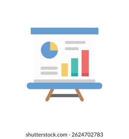 A simple flat illustration of a presentation board showing a pie chart and bar graph. Light color palette.
