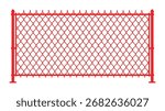 A simple, flat illustration of a red chain link fence with diamond-shaped mesh and pointed top.