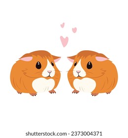 Simple flat illustration of red cute little guinea pigs in love on a white background isolate, valentine's day card