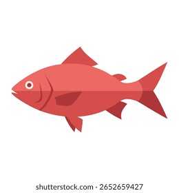 Uma ilustração simples e plana de um peixe vermelho nadando à esquerda contra um fundo branco. O peixe tem um único olho e barbatanas proeminentes.