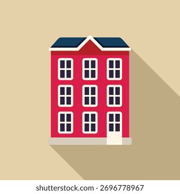 Ilustración plana simple de un edificio residencial rojo de tres pisos con una sombra larga