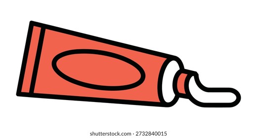 Eine einfache, flache Abbildung einer roten Tube Zahnpasta mit weißer Paste, die aus der Düse gequetscht wird.