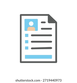 Simples ilustração plana de um currículo ou design de página de perfil. Plano de fundo branco com elementos azuis e cinza.
