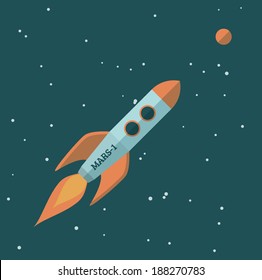 Simple flat illustration of a rocket flying to Mars. EPS10 vector image.