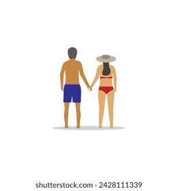 Simple flat illustration of romantic couple holding hand each other, behind scene of love standing or walking at the beach outside relaxation concept, editable object individual design and text